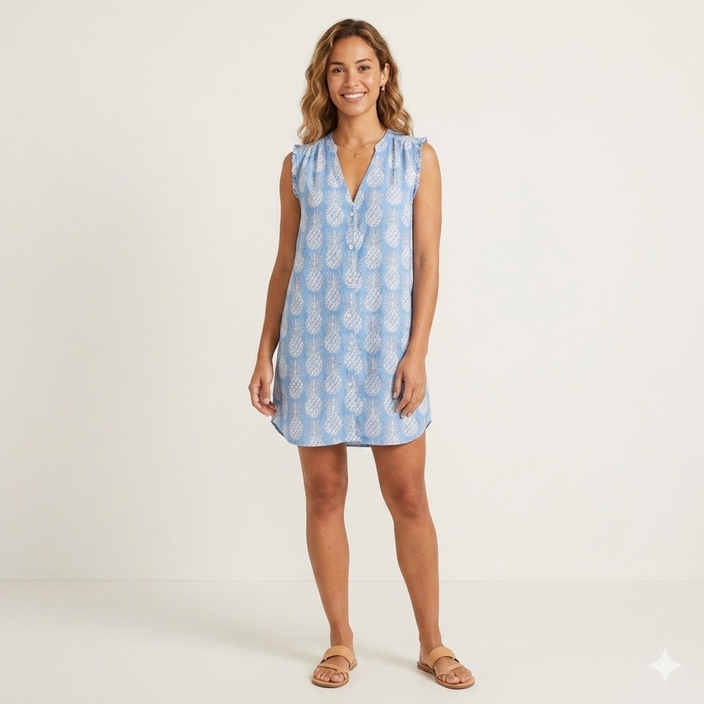 Pink House Mustique Blue Pineapple Print Linen Sleeveless Shift Mini Dress Med